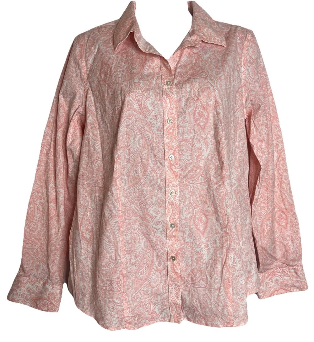 Talbots Women' s 10 Pink Paisley No Iron Button Front Cotton Stretch Shirt